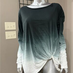 Umgee Green and White Long Sleeve Blouse with Tie Front